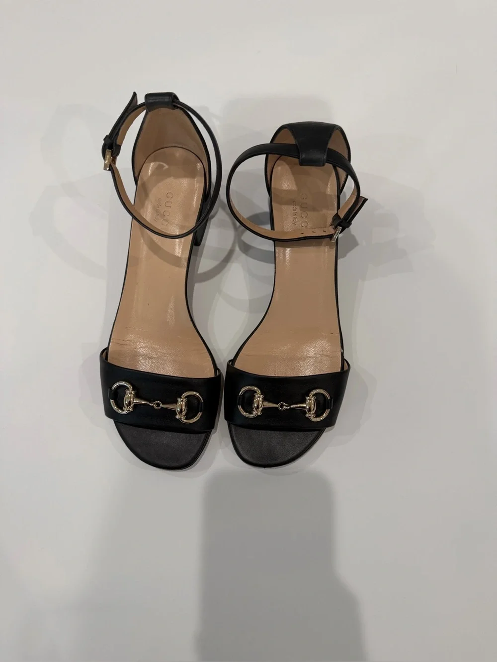 Gucci Black Leather Horsebit Ankle-Strap Heels with Gold Hardware